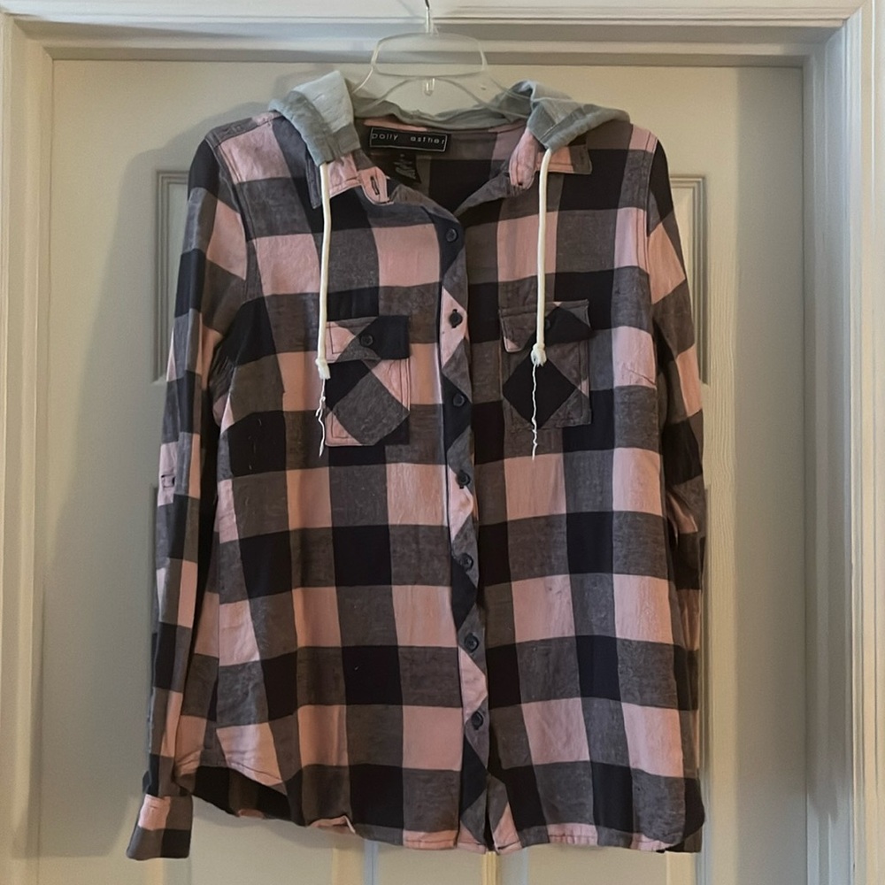 Pink plaid long sleeve hooded shirt